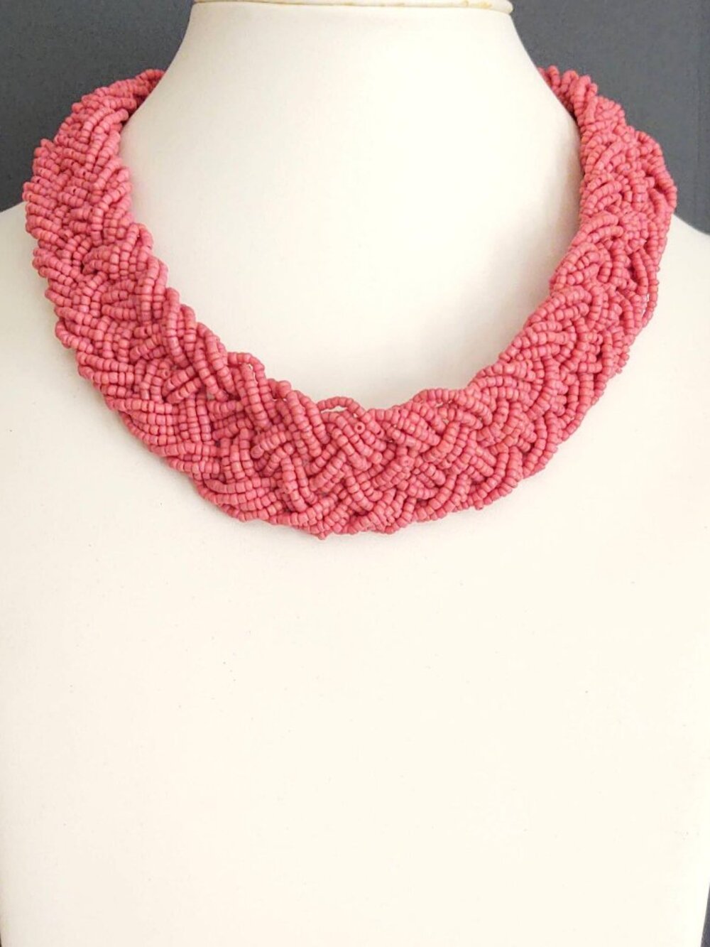 Braided pink seed bead necklace